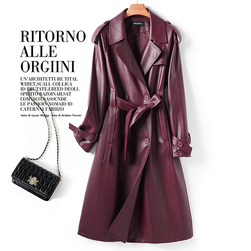 Classic Double-breasted Women's Wine Red Lace-up Belt Sheepskin Trench Coats Chic Ladies Lapel Long Split Leather Trench Outwear