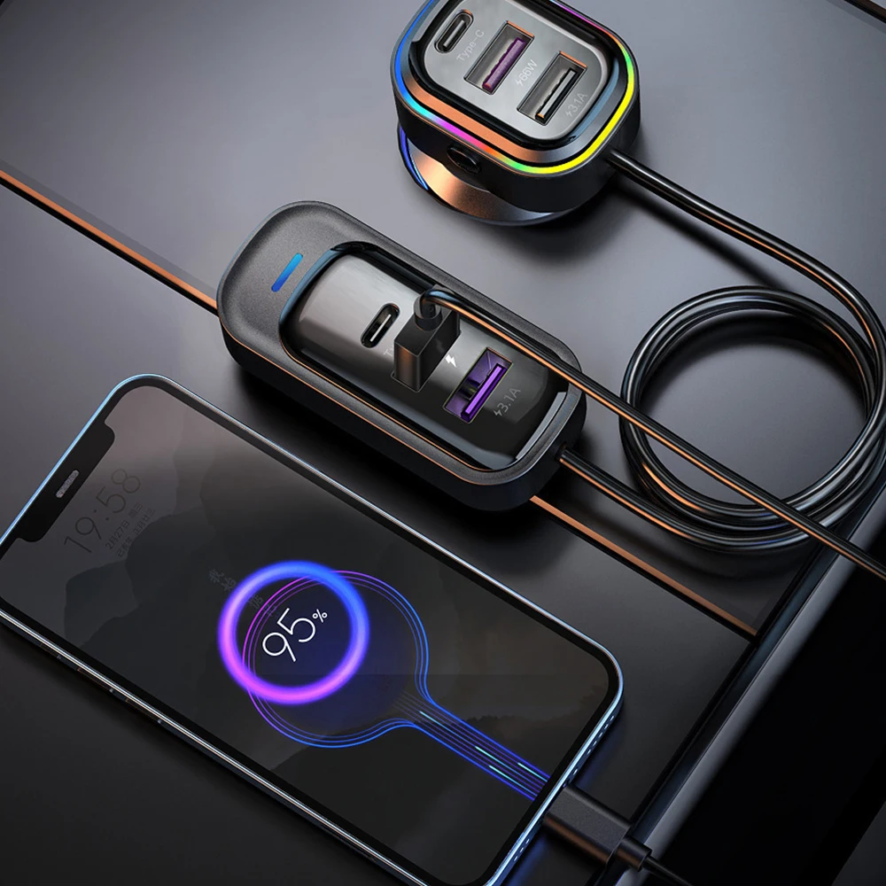 Car Charger 6 Ports 5V 3.1A 66W Front Rear Seat Colorful Light 1.5m Long Cable Universal USB Type-C Fast Charge Vehicle Supplies