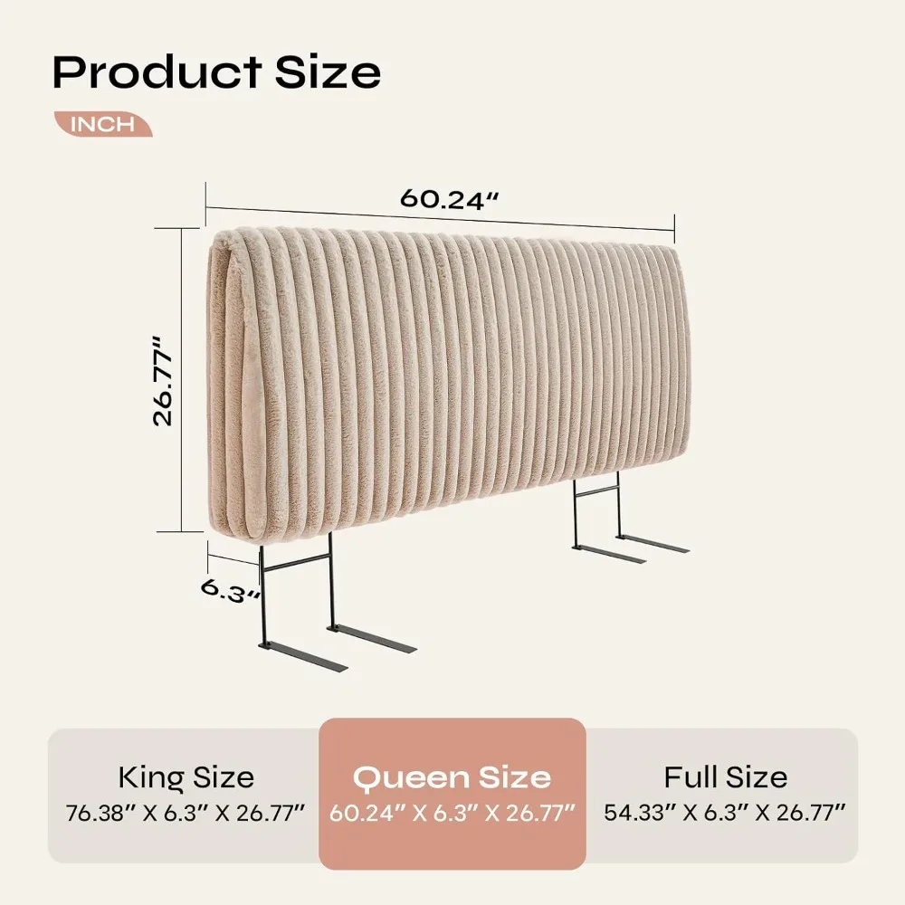 Modern Upholstered Headboard Queen Bed, Adjustable Height, Easy Assembly, Faux Fur, Camel