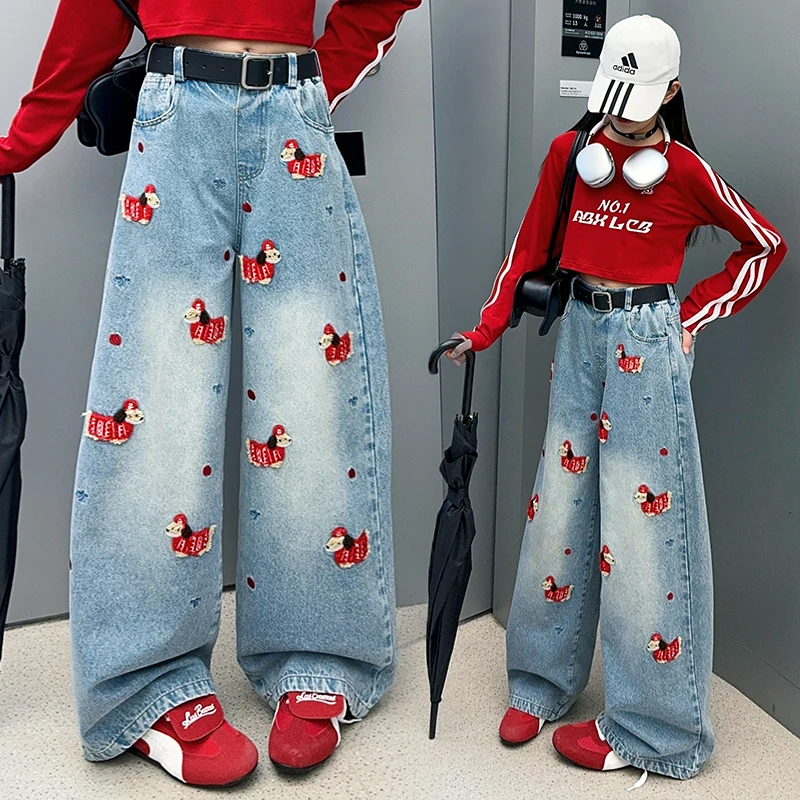 spring teen girls design Sausage Dog jeans junior wide leg pants tween clothes kid 4-10-14 cotton red short top t-shirt trousers