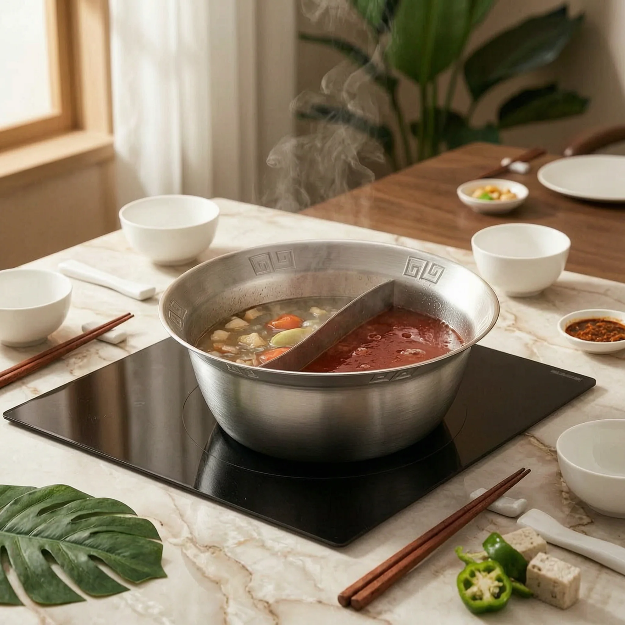 Two-Partcompartment Hot Pot Wide Flared Rim Divided Stainless Steel Hot Pot Deep Easy to Clean for Restaurant