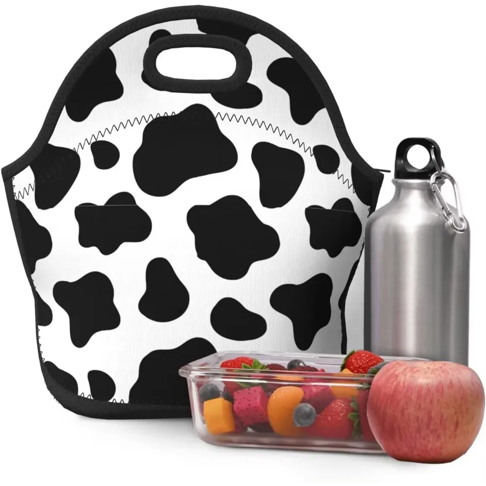 Neoprene Lunch Bags Black And White Cow Print Reusable Insulated Lunch Tote Bags for Men & Women Work Picnic or Travel