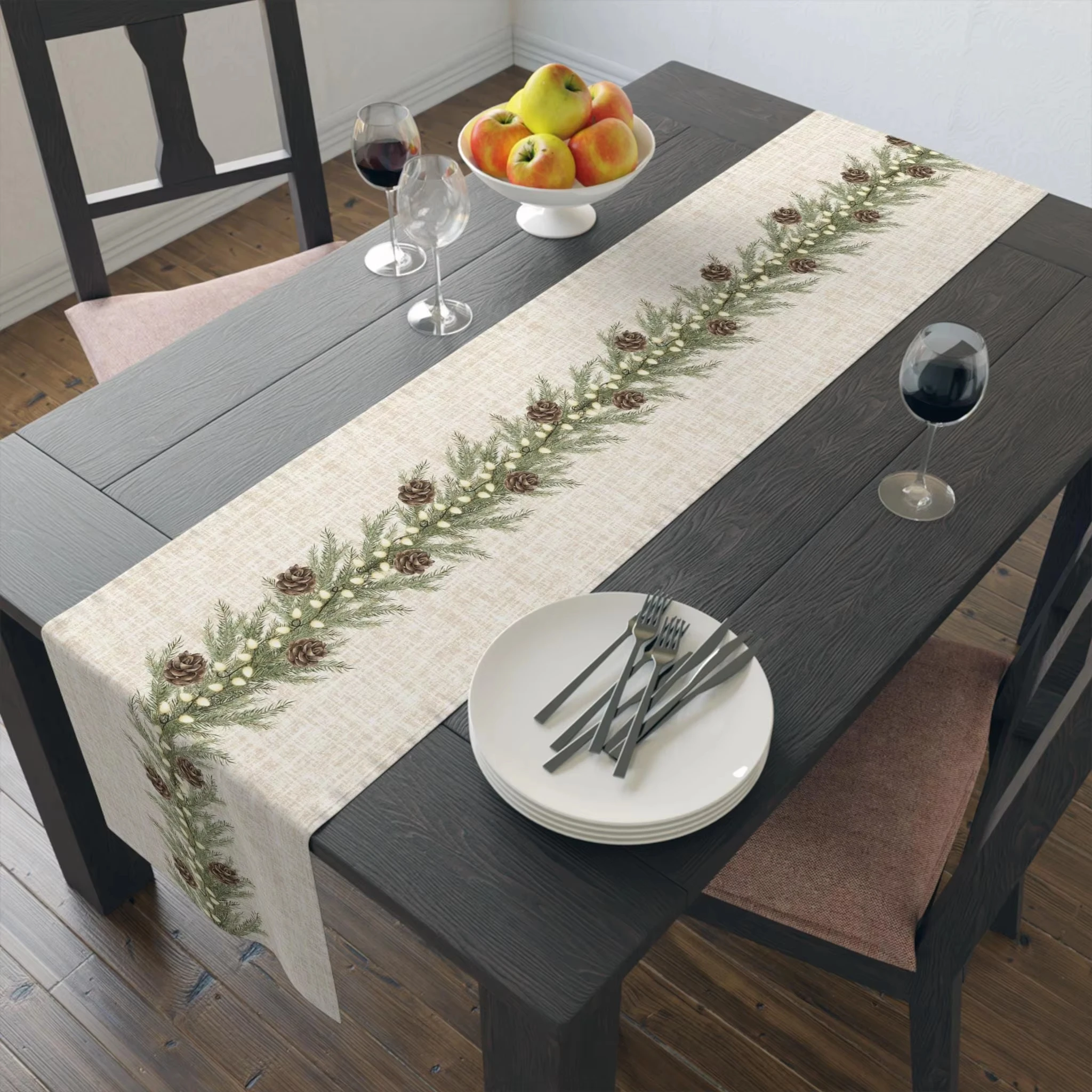 Rustic Christmas Table Runner | Beige & White Textured Background with Pine Garland Design | Perfect  Holiday Home Decor