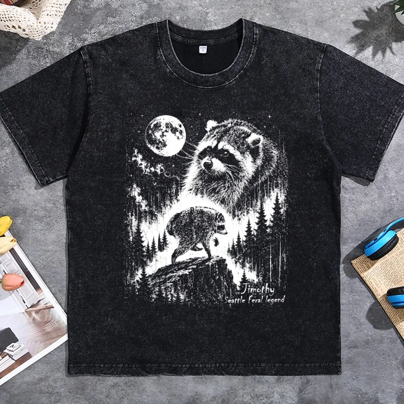 Jimothy Raccoon T-Shirt Men Women Vintage Washed Tee Retro Jimothy Moon Graphic Tshirt Animal Tee Streetwear Oversized