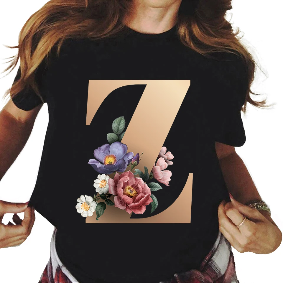 26 Floral alphabet font classic t shirt summer Fashion Harajuku Kawaii TShirt donna Top Tees donna