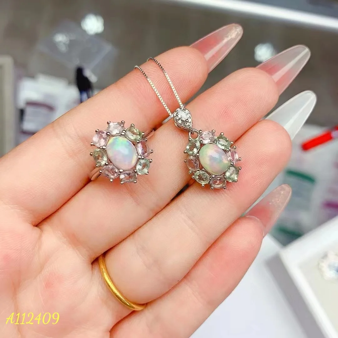 KJJEAXCMY S925 Sterling Silver Exquisite Inlaid Natural Gradient Color Opal Women's Rings Necklace Set With Inspection Report