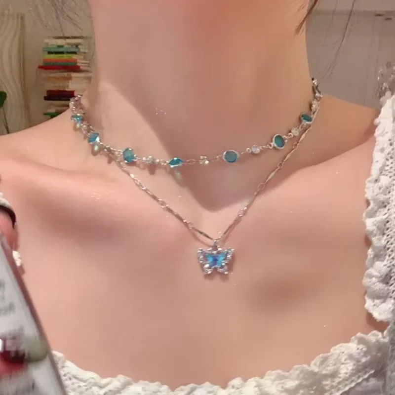 Romantic Blue Crystal Butterfly Necklace for Women Girls Simple Shiny Zircon Bilayer Choker Clavicle Chain Fine Jewelry