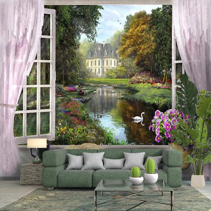 1PC Window Manor Garden View Art Print Backdrop Banner, Bedroom Living Room Photo Background, Polyester, Home Decor, Wall Art