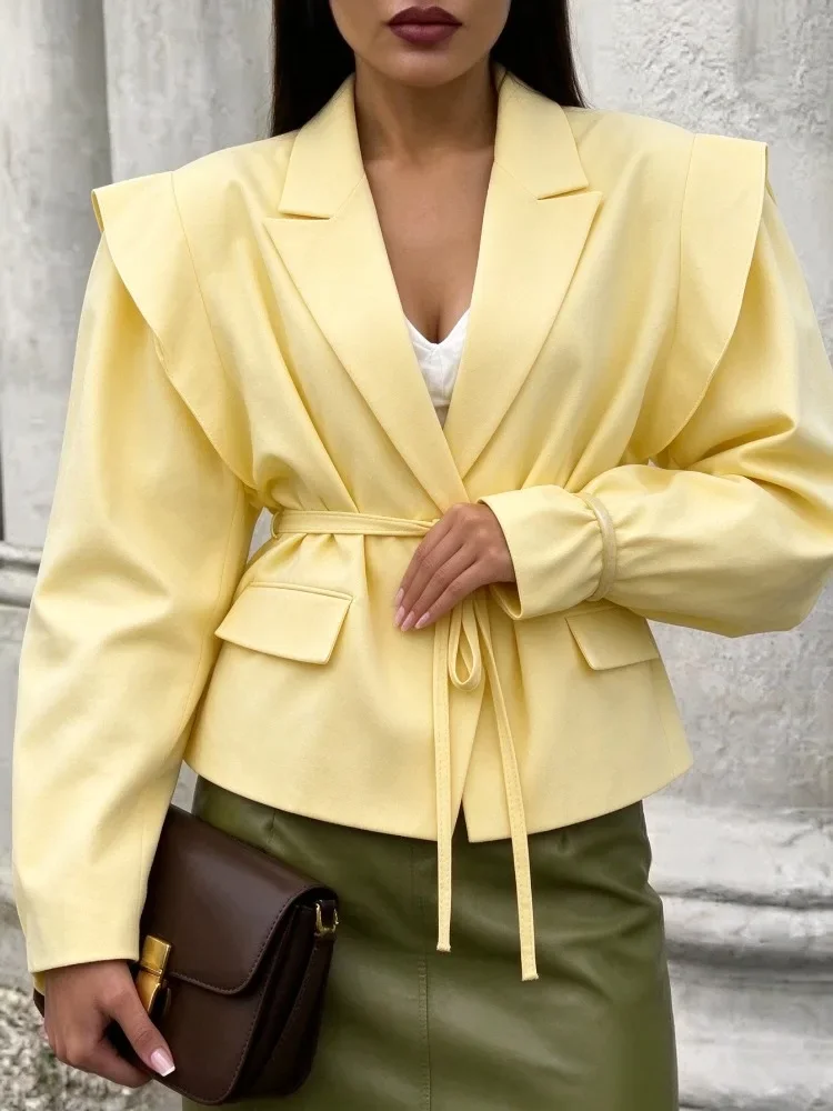 Chic Women Notched Lapel Blazer Jacket, Puff Shoulder Single Button Belted Waist Tie Cropped Suit Coat Casual Office Outerwear