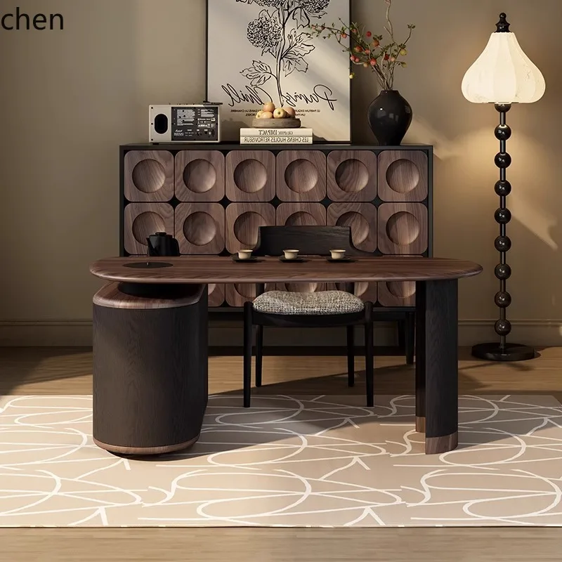 HXL Tea Table Black Walnut Solid Wood Rotatable Living Room Office Multi-use Tea Table