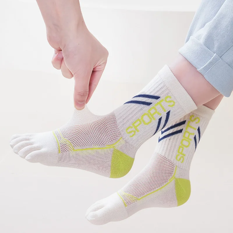 5 Pairs Children Thin Finger Socks Summer Mesh Pure Cotton Sweat-wicking Odor-proof Boneless Mid-Tube Big Boys Sports Toe Socks