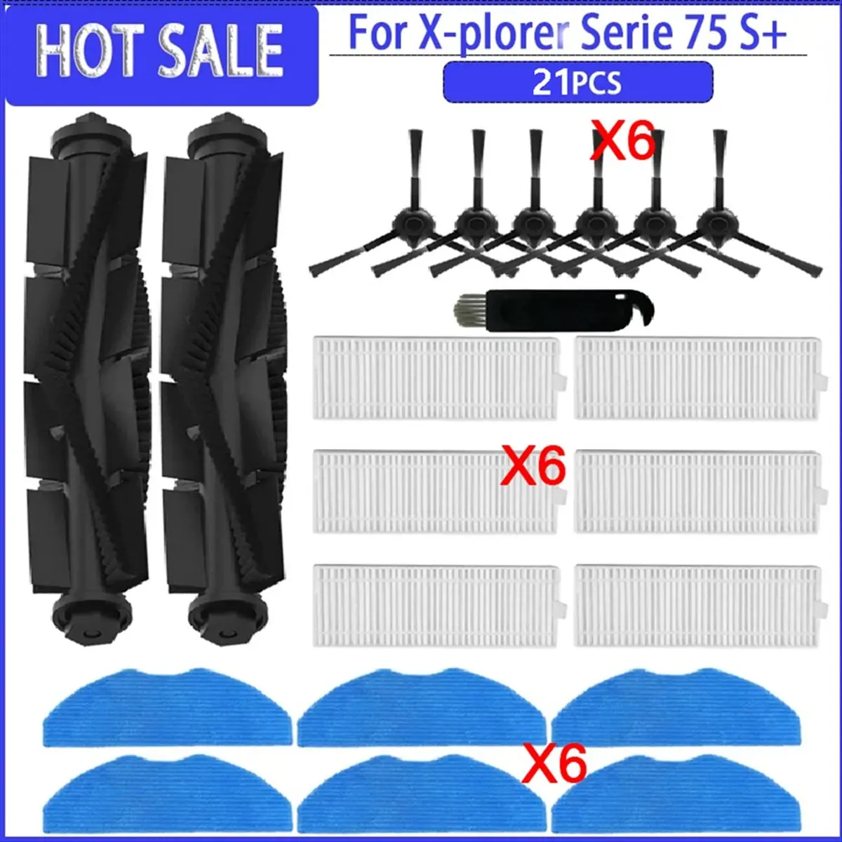 

Основная и боковая щетки, HEPA-фильтр, насадка для влажной уборки A20M для робота-пылесоса X-Plorer Serie 75 S+ RG8597W, аксессуары