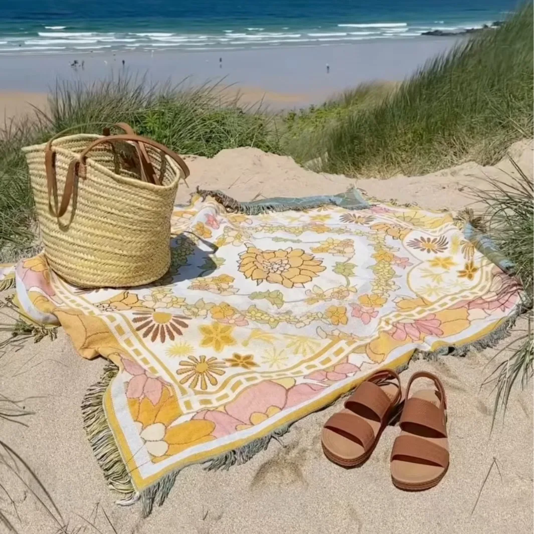 Summer Line Blanket Yellow Cotton Woven Sofa Towel Knitted Thickened Warm Pad Mat Bohemian Floral Boho Throw Travel Bedspread