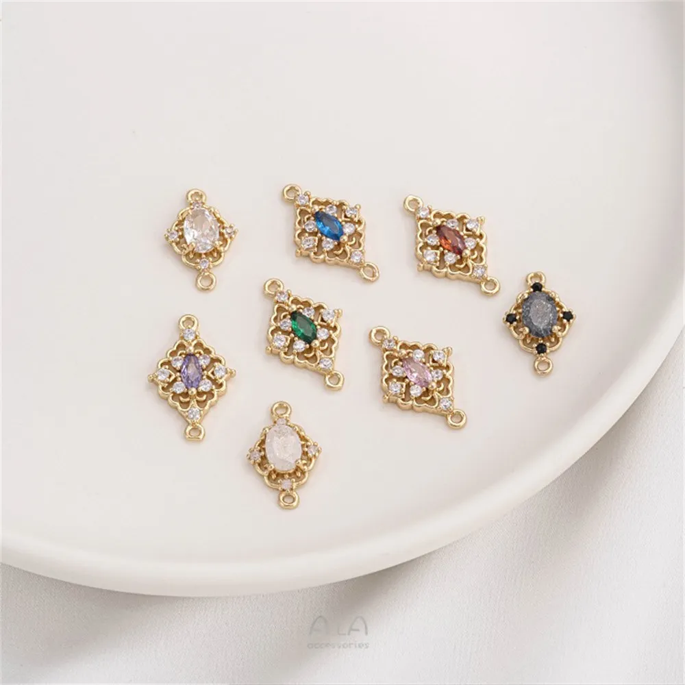 

14K Bag Gold Inlaid Color Zirconium Retro Flower Diamond Double Hanging Connection Diy Bracelet Earrings Accessories