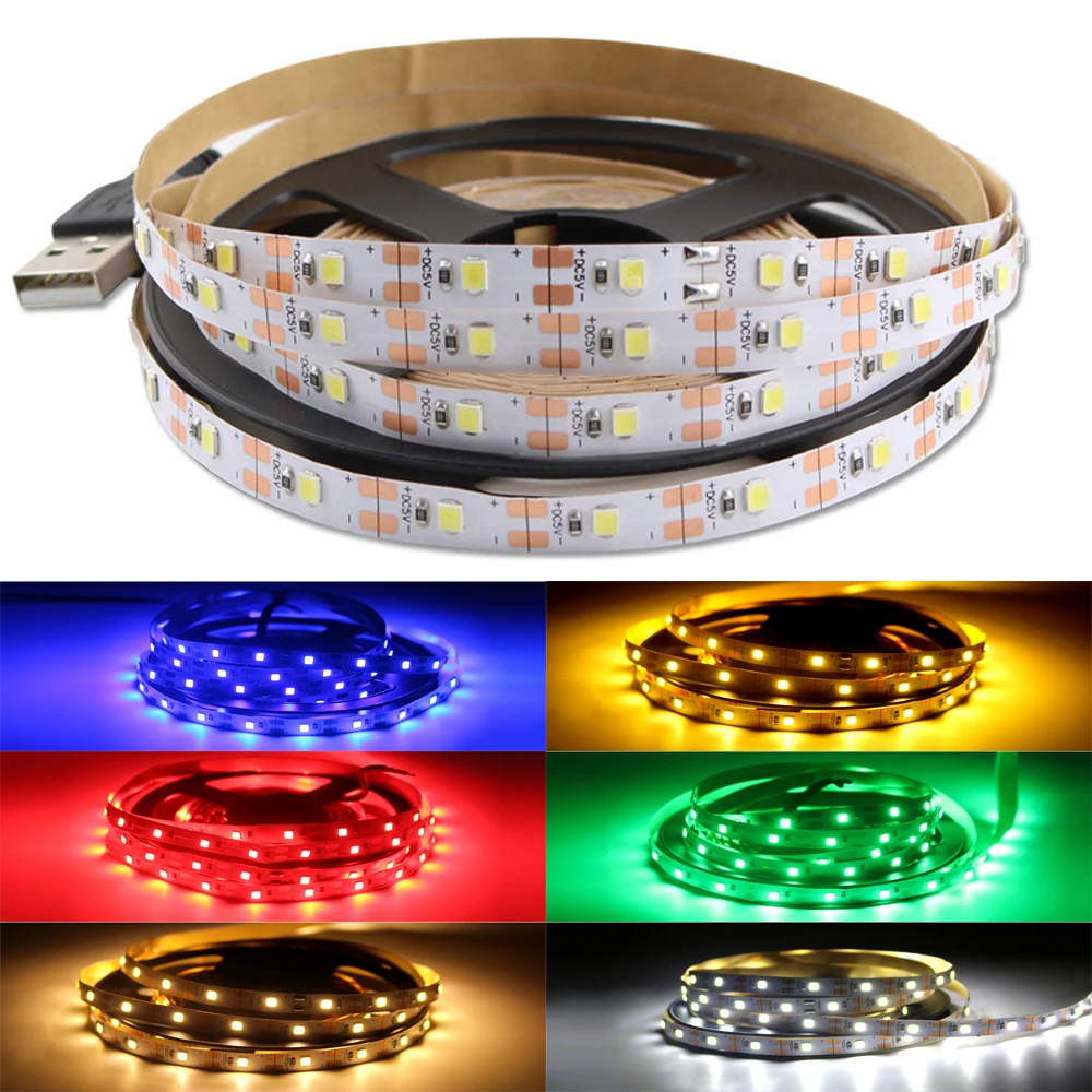 Tira de luces LED RGB para decoración de sala de estar, iluminación de fondo para TV, PC, USB, 2835, 0,5 m- 5m, Blanco cálido, 5 V