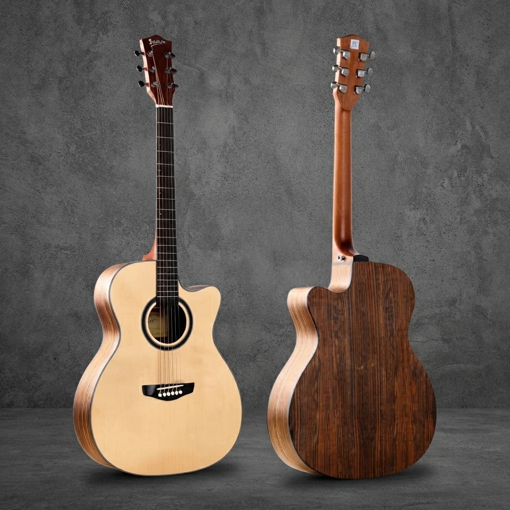 Dot Inlay Acoustic Guitar, 6 Strings, Cutaway, Natural Top Dark Back, White Binding, Chrome Tuners, Bridge Pins for Practice