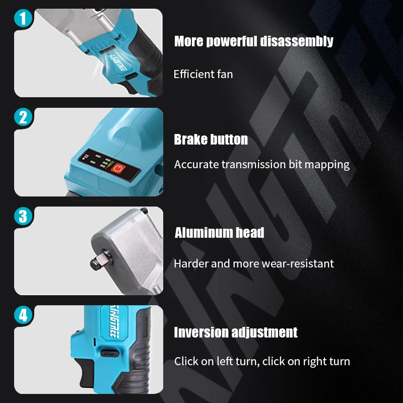 Kingtree Brushless Ratchet Wrench 1000N.m Electric Cordless Driver 1/2\'\'Removal Screw Nut Car Repair Tools for Makita Battery