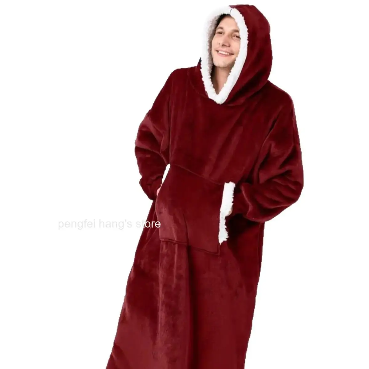 Unisex Autumn Winter Hooded Flannel Bathrobe with Kangaroo Pocket Loose Warm Loungewear Wearable Outside for Men Women