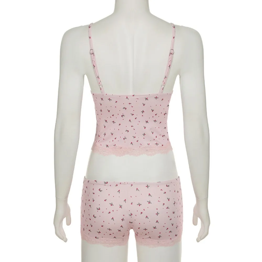 Two-piece Fashion Sexy Pajamas Set Pink Floral Lace Women Sleepwear Sleeveless Western Style Camisoles Tight Shorts Summer