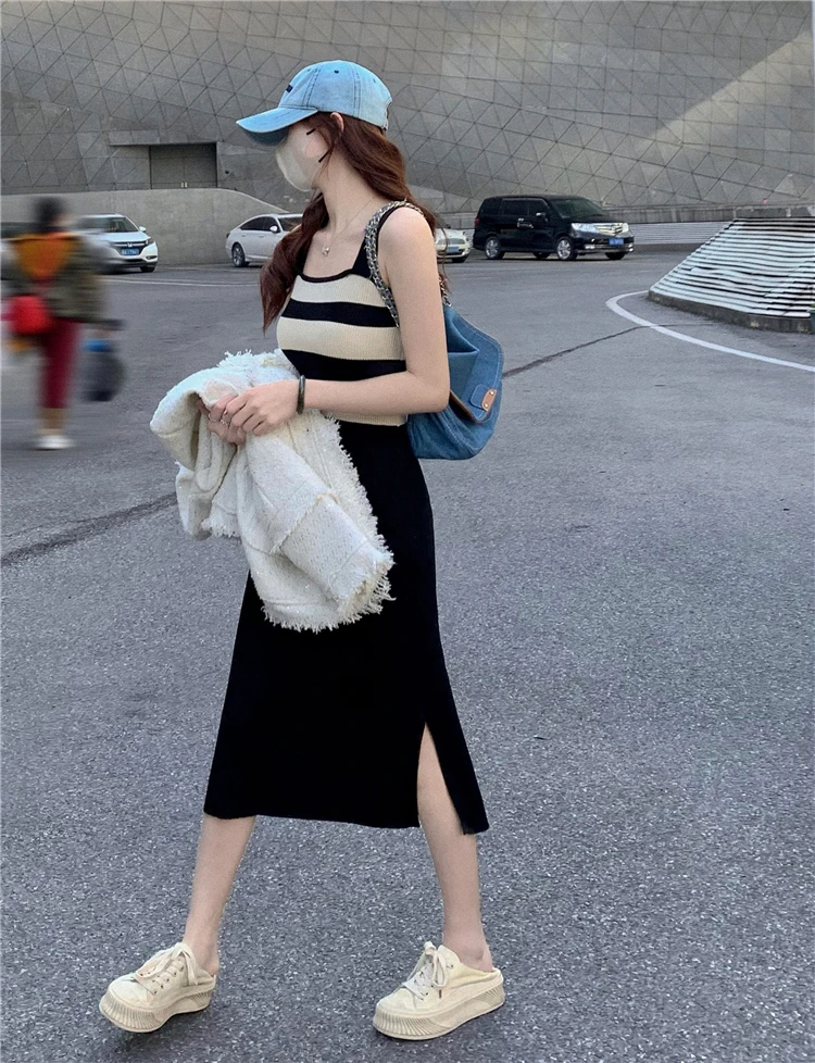 

Knitted Dresses for Women Fashion Striped Vestidos De Mujer 2023 Slim Waist Split Temperament Robe Korean Bodycon Summer Dress