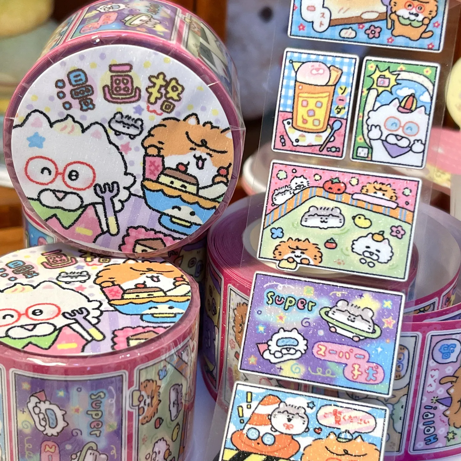 Cute Cartoon Grid Sticker Roll, Waterproof Comic Sticker Stamp with Tree Pattern,