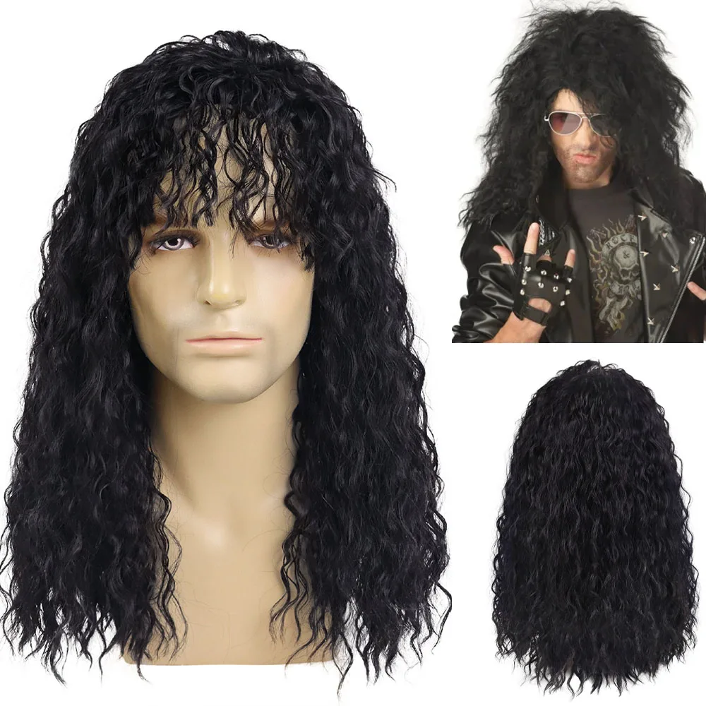 

GNIMEGIL Synthetic 80s Punk Heavy Metal Rock Man Wig Long Curly Hair Black Wig for Men Natural Wave Wig Disco Cosplay Costume