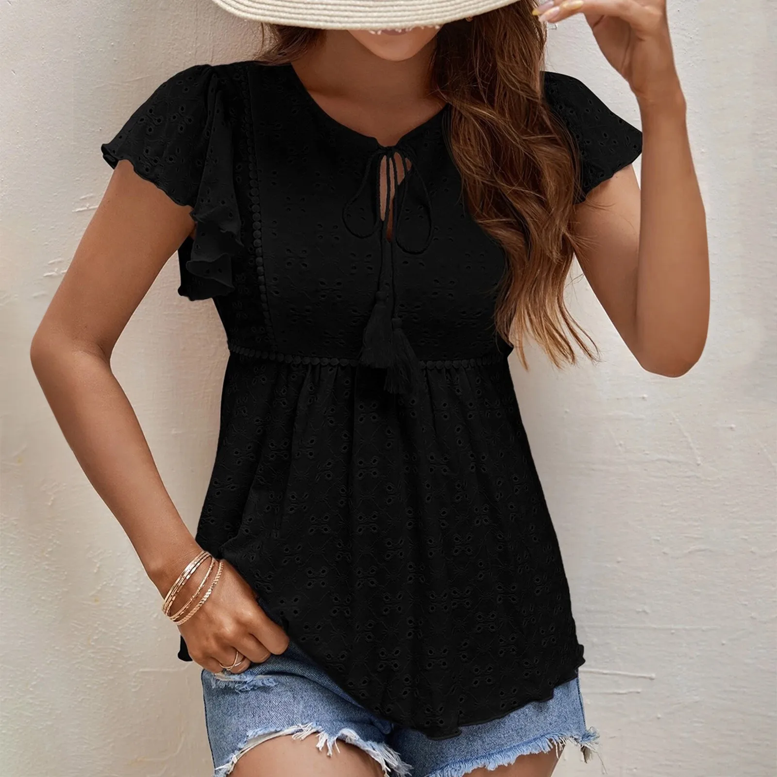 Summer Lace Short Sleeves Blouse Elegant Lady\'s Shirts Solid Color Round Neck Drawstring Slim Fit Women Shirt Hollow Out Blouses