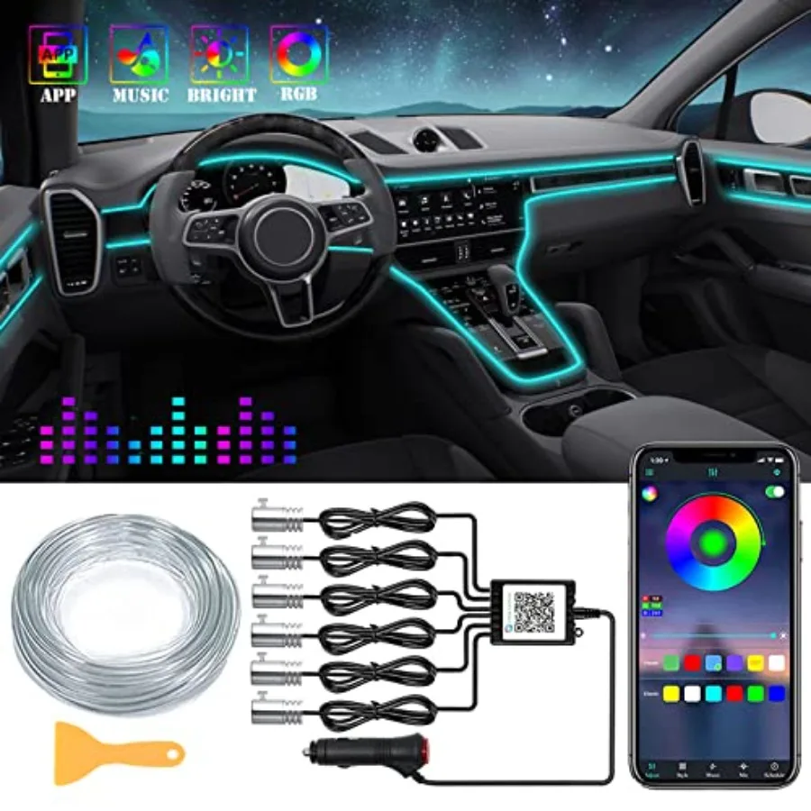 

【Spot goods】Interior Car LED Strip Lights RGB 6 in 1 Ambient Lighting Kits with 315 inches Fiber Optic 16 Million Colors APP Wi