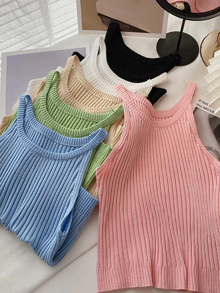 

Women Round Neck Halter Tops Knitted Off Shoulder Candy Cute Tops Camis Women Tank Tops 2024 Summer