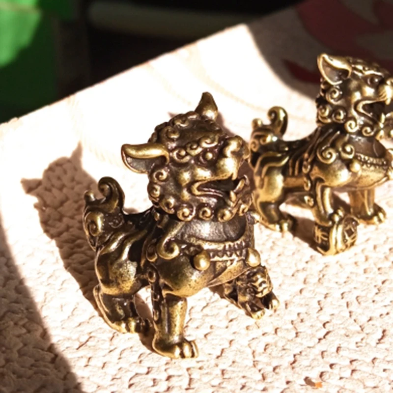 1 Pair Lions Desktop Ornaments Copper Animal Miniature Figurine Lucky Brass Lion Statue Feng Shui Decoration