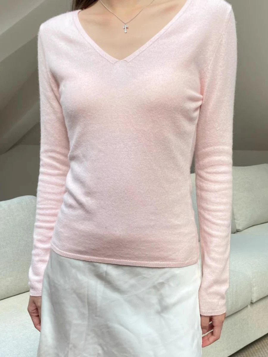 

Pink Sweet Knitted Long Sleeve T-Shirt Women Autumn V-Neck Preppy Style Cotton Slim Tee Shirt Casual Cute Knitwear Tshirts Y2K