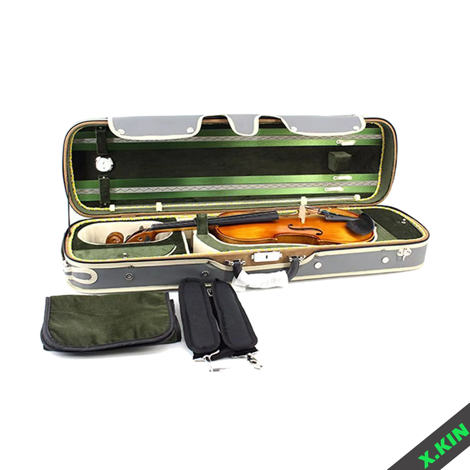 Premium Rectangular Violin Case for 4/4 3/4 1/2 1/4, Gray Faux Leather Green Trim, Fits 2 Bows, Hygrometer, Portable