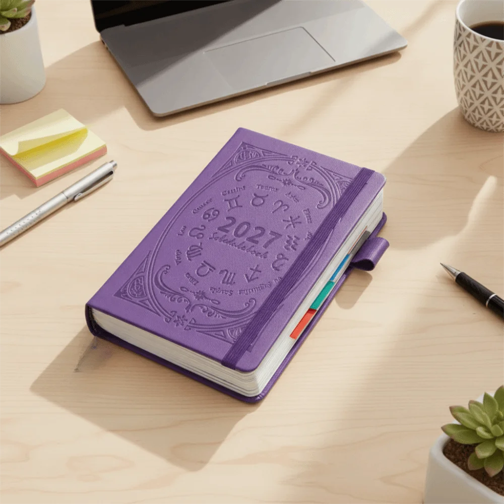 A5 2027 Constellation Pattern Calendar Notebook English PU Leather To-do List Notebook Wear-resistant Bookmark