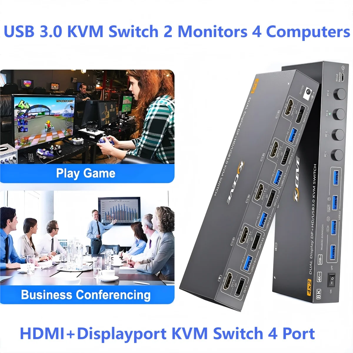 

HDMI+Displayport KVM Switch 2/3 Monitors 3/4 Computers 8K@60Hz 4K@144Hz,Dual/Triple Monitors USB 3.0 Switch with 4 USB 3.0 Port