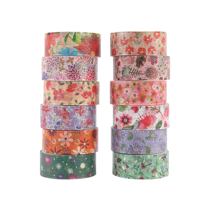 12Pcs Flowers Washi Tapes Gold Foil Decorative Adhesive Tape Journal Supplies Masking Tape Diary Scrapbooking Washi Tape Set