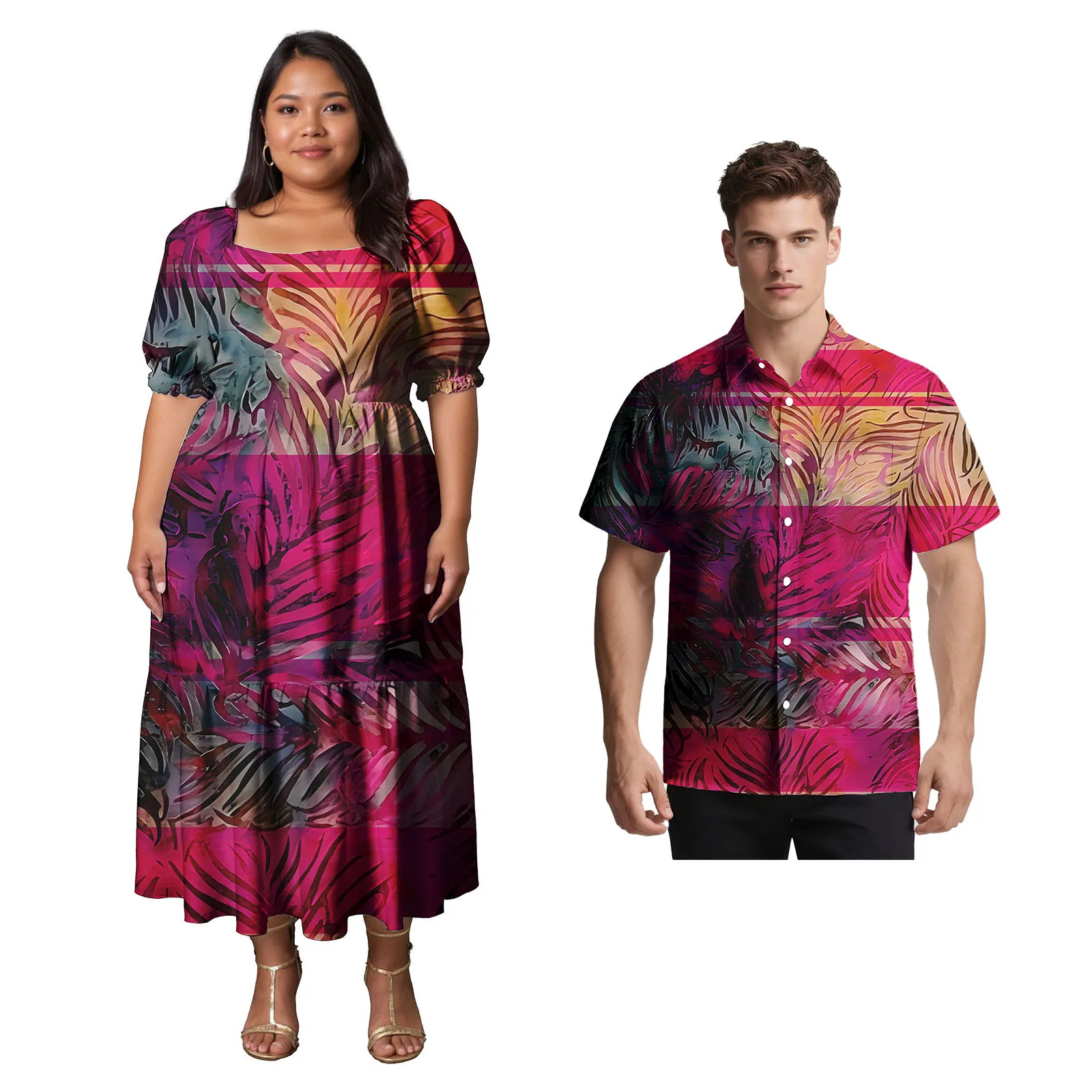 

Сублимационный принт с индивидуальным логотипом, комплект из 2 предметов, мужская рубашка Aloha, женское платье Samoan Tribal Design, полинезийские одинаковые наряды для пар