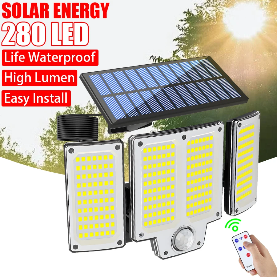 Solar Flood Lights Outdoor 106/280 LED Solar Motion Lights Remote Solar Security Lights Wall Light Waterproof 3 Modes Garden