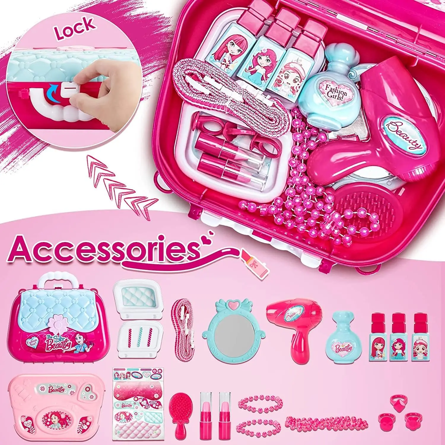 Bolsa de maquillaje de princesa 2 en 1 para niños, Kit de joyería de juguete, juego de maquillaje de simulación para niñas