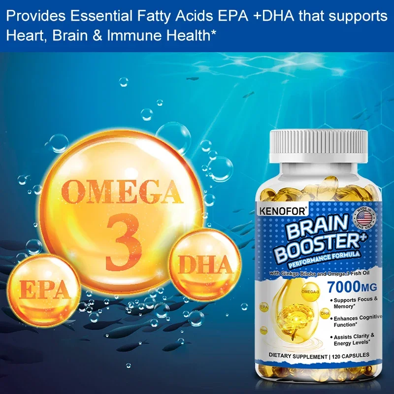 Omega 3 Fish Oil Brain Supplement - Vitamin B12, Ginkgo Biloba, EPA & DHA Non-GMO Gluten-Free Dietary Supplement, Focus, Memory