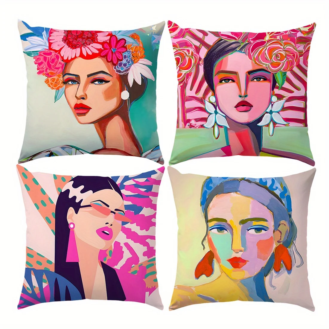 Boho Floral Woman Pillow Covers, Colorful Portrait Decorative Throw Pillow Cases, Modern Home Decor for Sofa Bed, No Insert