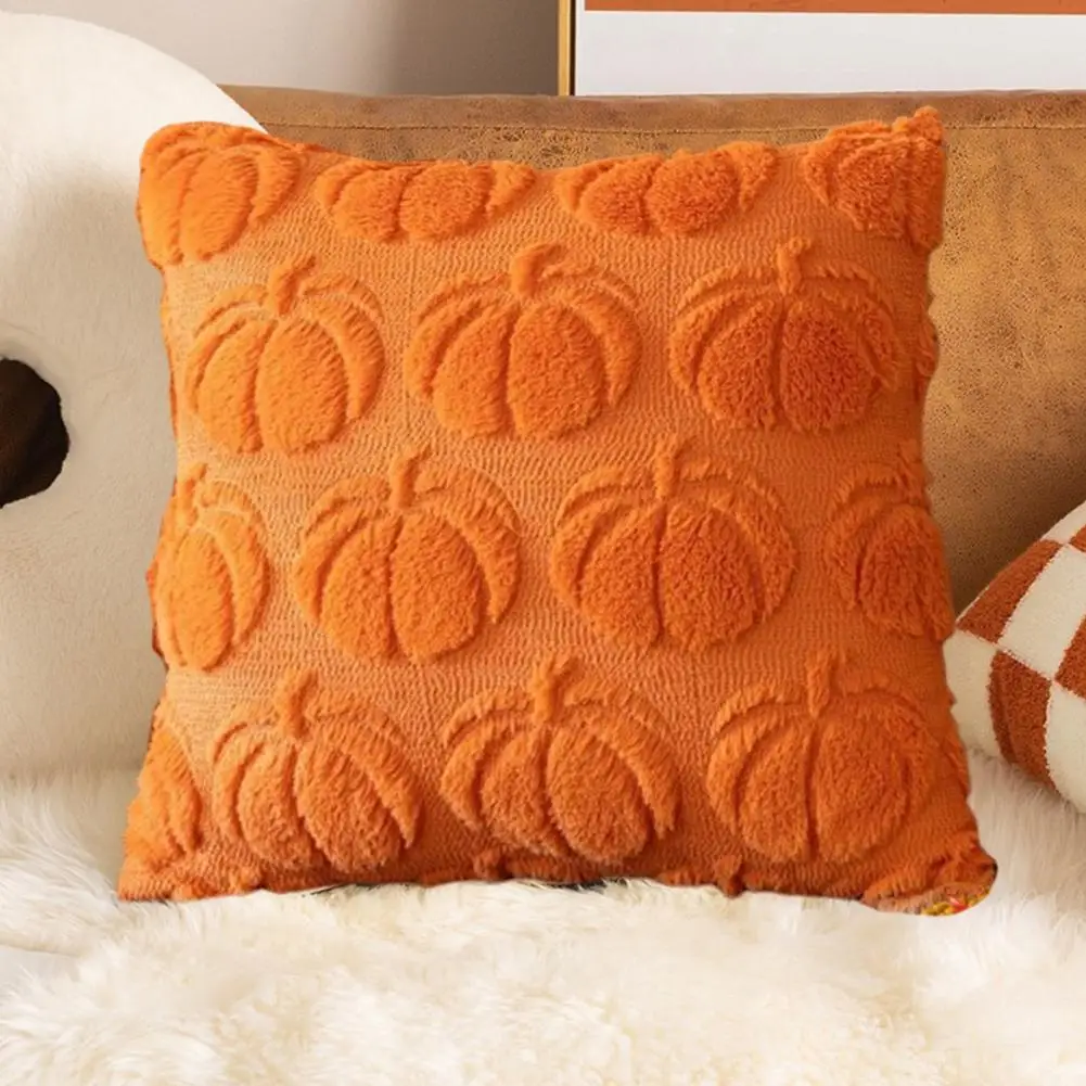 Cushion Cover 3d Pumpkin Pattern Halloween Pillowcase Set for Farmhouse Style Decor Faux Fur Texture Hidden Zipper for Seasonal