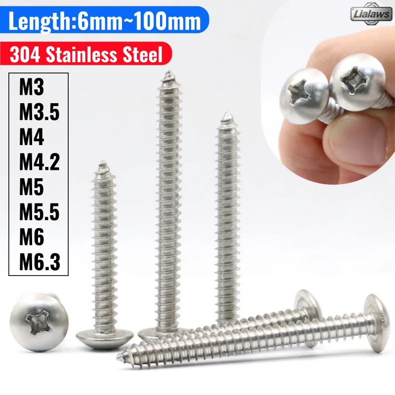 M3 M3.5 M4 M4.2 M5 M5.5M6M6.3 304 Stainless Steel Cross Recessed Truss Head Self-tapping Screw Phillips Mushroom Head Wood Screw