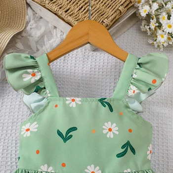 Girls Summer Plant Print Dress 3 Girls' summer style small fly sleeve plant print dress 3