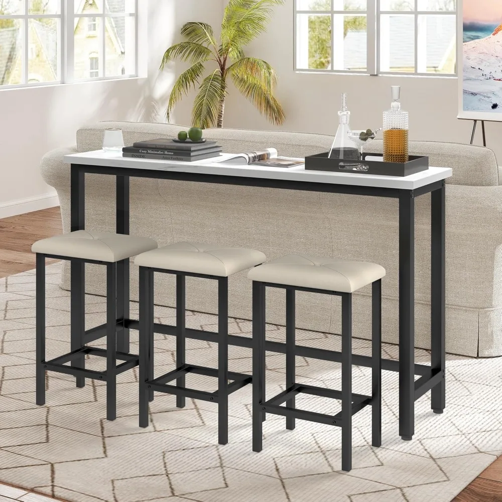 

Bar Table and Chairs Set for 3, Dining Table Set with 3 PU Upholstered Stools and 60.2" Faux Marble Long Bar Table, Space-Saving