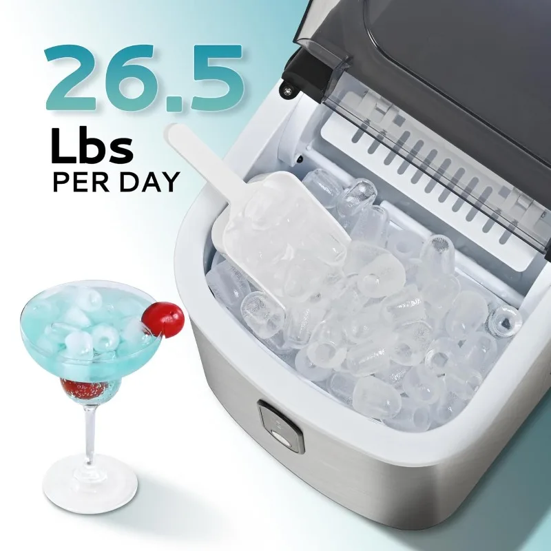 Portable Countertop Ice Maker Machine with Handle, 26.5lbs Per Day, 9 Cubes in 6 Mins, Auto-Cleaning  with Basket and Scoop