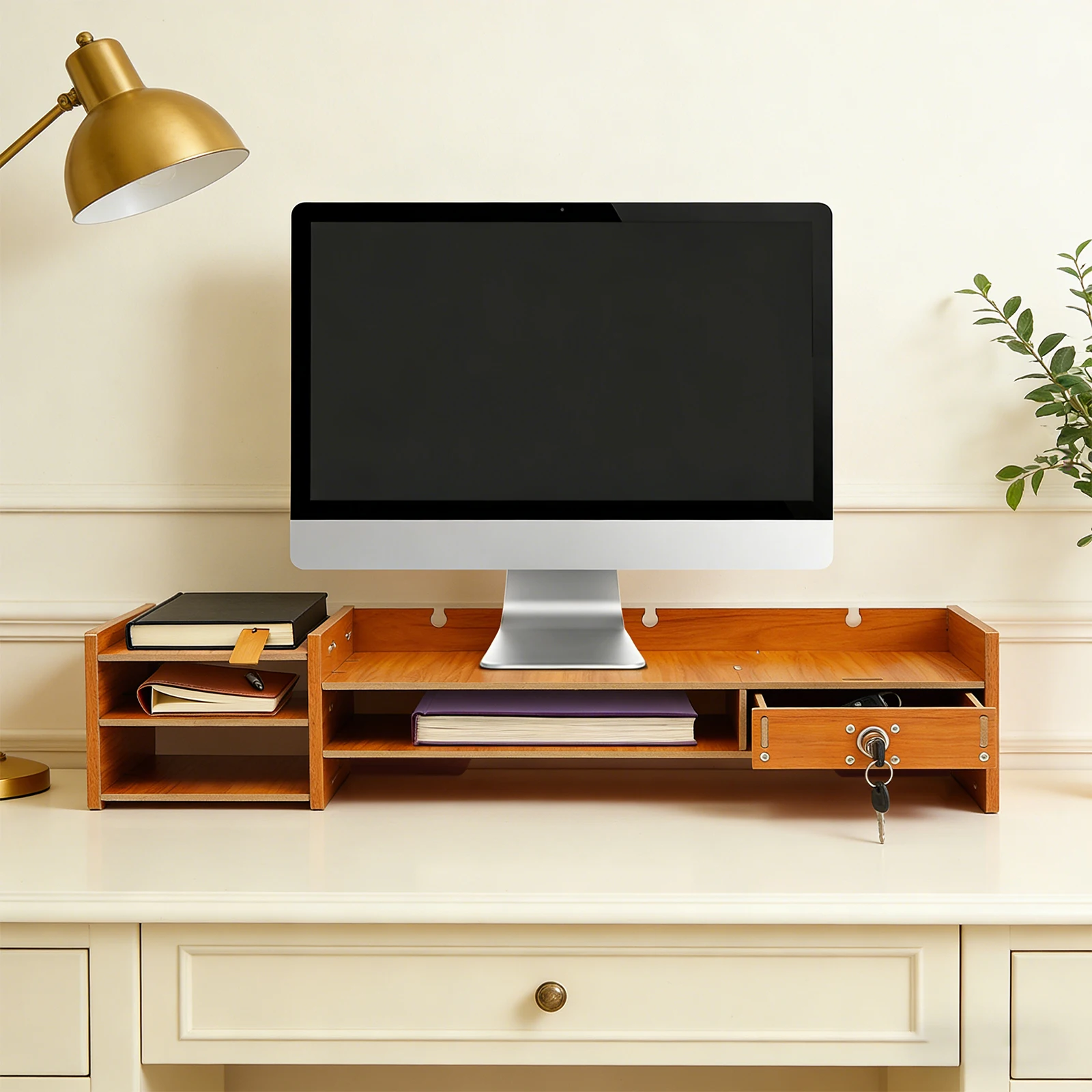 

Эргономичная подставка для компьютерного монитора, запираемая стойка для хранения, деревянный настольный органайзер с выдвижным ящиком для домашнего офиса