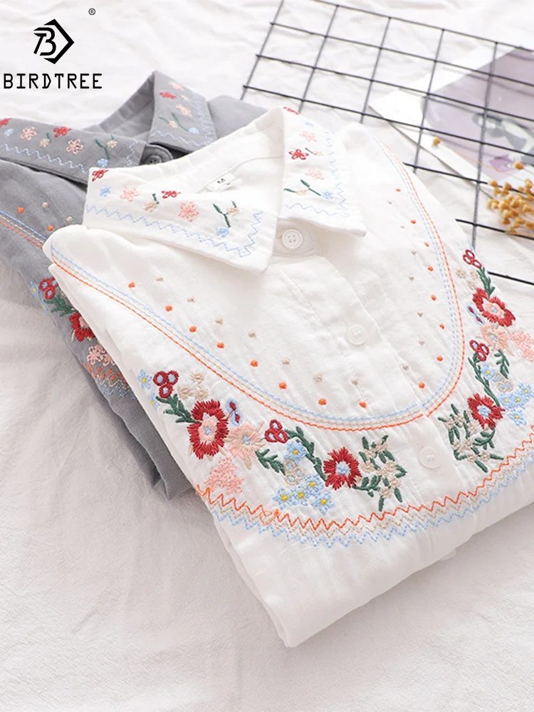 New Spring Cotton Retro Shirts Women Loose Lapel Neck Embroidery Blouses Girl Long Sleeve Casual Sweet Top 2024 Autumn T455116QM