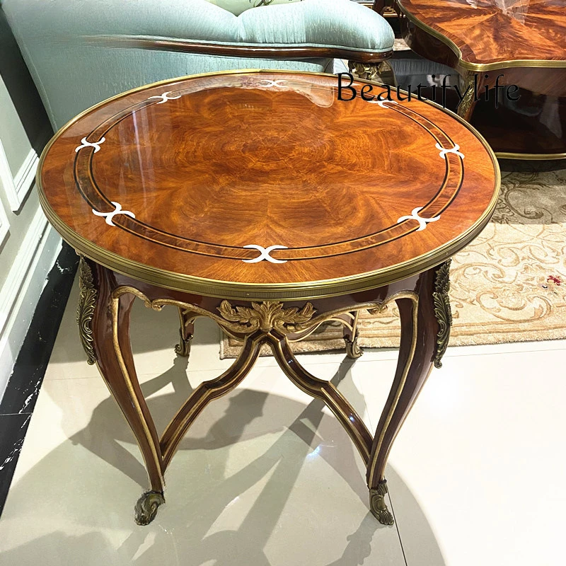 European-style corner villa classical solid wood edge small end view table brass carved round table