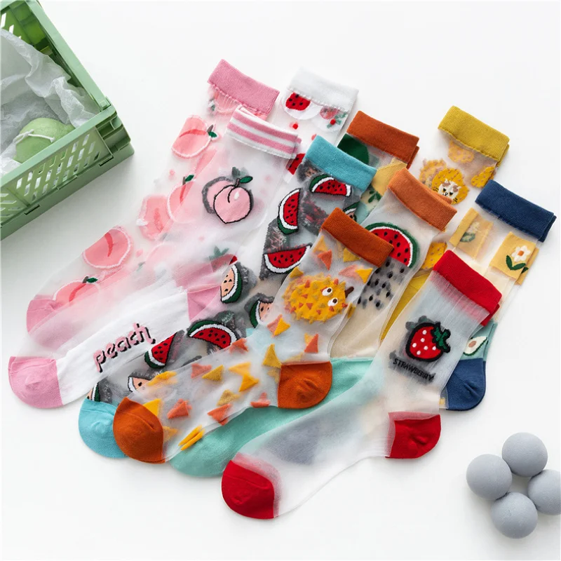 

New Funny Harajuku High Quality Creative Crystal Silk Tide Socks Sunflowers Vines Flowers Cartoon Fruit Glass Silk Women SockS