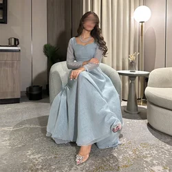 Light Blue Long Sleeve A-line Evening Dresses Vintage Prom Gown Exquisite Sweetheart Neck  Formal Party Dress فساتين السهرة